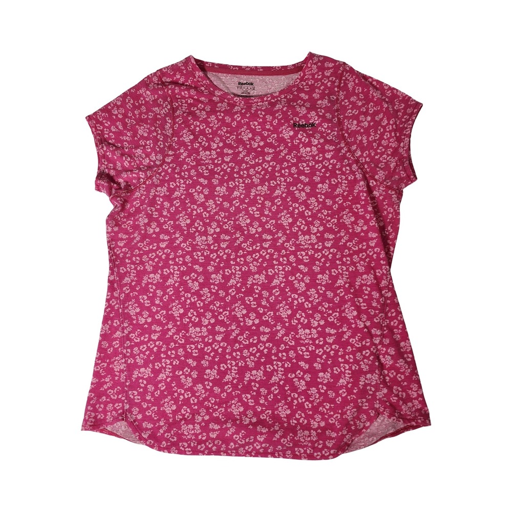 Reebok Womens Pink Floral Leopard Print Activewear T-Shirt Size Medium Short Slv